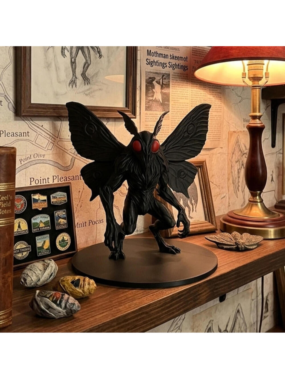 3D Printed Mothman - 6 in - Black and Red PLA - with base